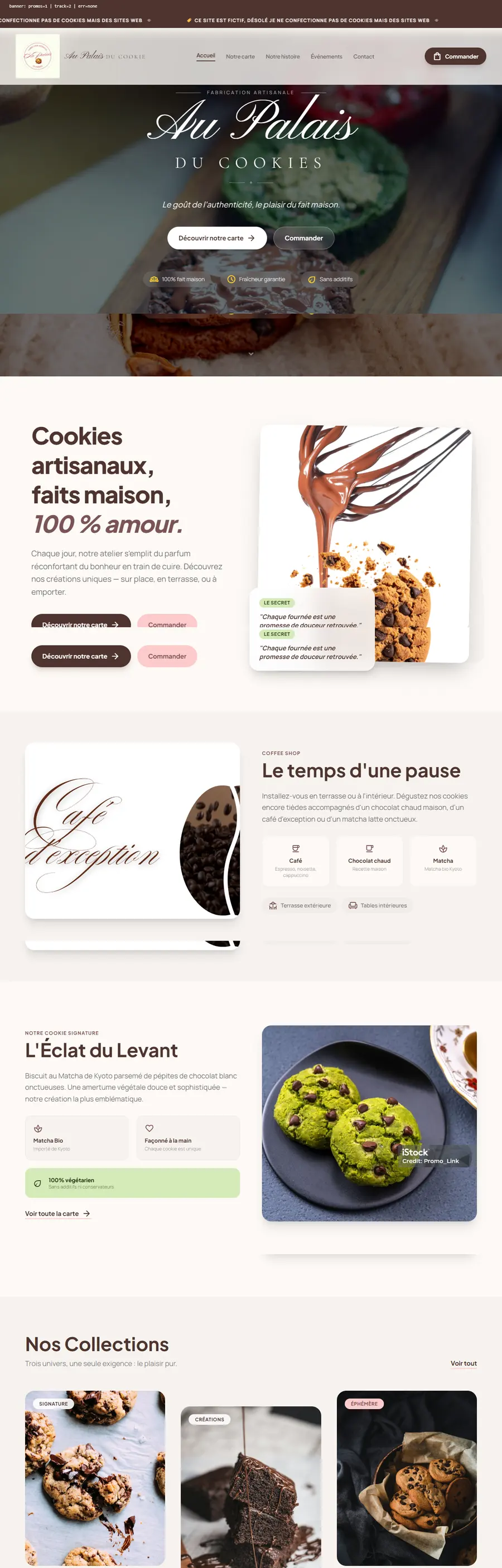 Le site Au Palais du Cookie, de sa page d'accueil à ses dernières sections