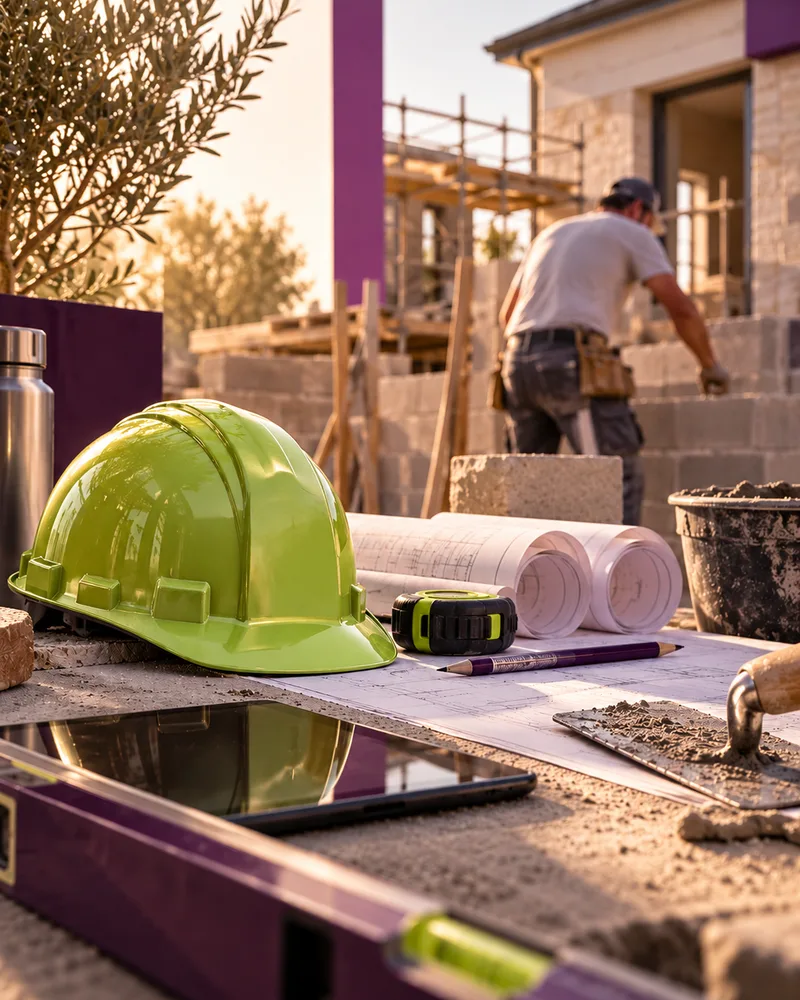 Chantier de maçonnerie : casque, plans et niveau posés devant un mur en construction