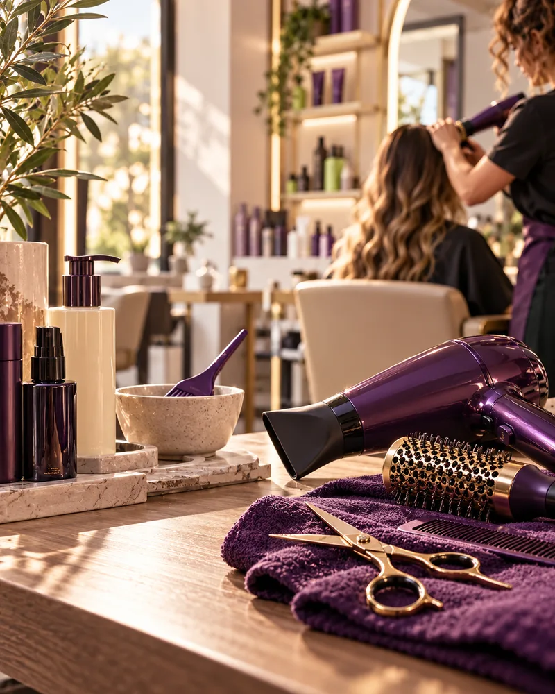 Salon de coiffure : ciseaux, sèche-cheveux et brosse sur le plan de travail
